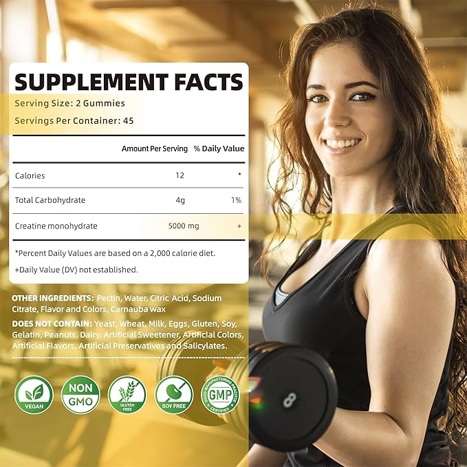Creatine Monohydrate Gummies 5g for Men Women - Sugar Free Chewable Supplement. 180 Gummies Lemon.