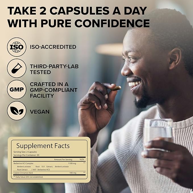 Berberine Supplement, Berberine 1200 Mg – Berberine HCL & Ceylon Cinnamon for Women & Men – Berberine Capsules Supports Healthy Immune System & Weight Management