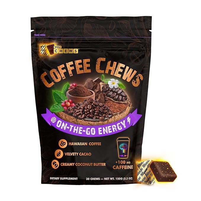 YouChews Caffeine Chew - 100mg Caffeine from Guarana Seed & Kona Coffee - Natural Ingredients, Low Sugar, Long Lasting Energy Supplement for Workouts, Running & Gaming (30 Chews)