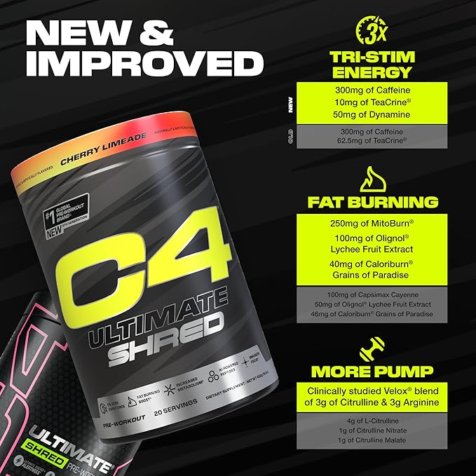 Cellucor C4 Ultimate Shred Pre Workout Powder, Metabolism Supplement with Cayenne Extract+300mg Caffeine+TeaCrine+Dynamine - Cherry Limeade, 20 Servings