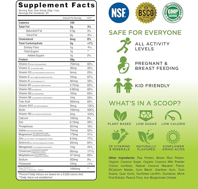 TRU Plant Based Protein Powder, BCAA, EAA, 20g Vegan Protein, 100 Calories, 27 Vitamins, No Artificial Flavors 25 Servings (Coconut Macaron)