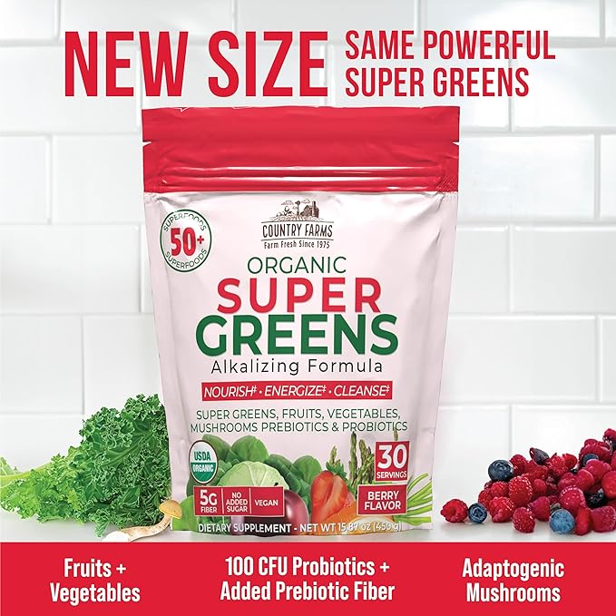 COUNTRY FARMS Super Greens Berry Flavor, 50 Organic Super Foods, USDA Organic Drink Mix (Wheat Grass, Spirulina, Chlorella) Mushrooms & Probiotics, with Fiber, Gut Health, Natural Energy, 30 Servings