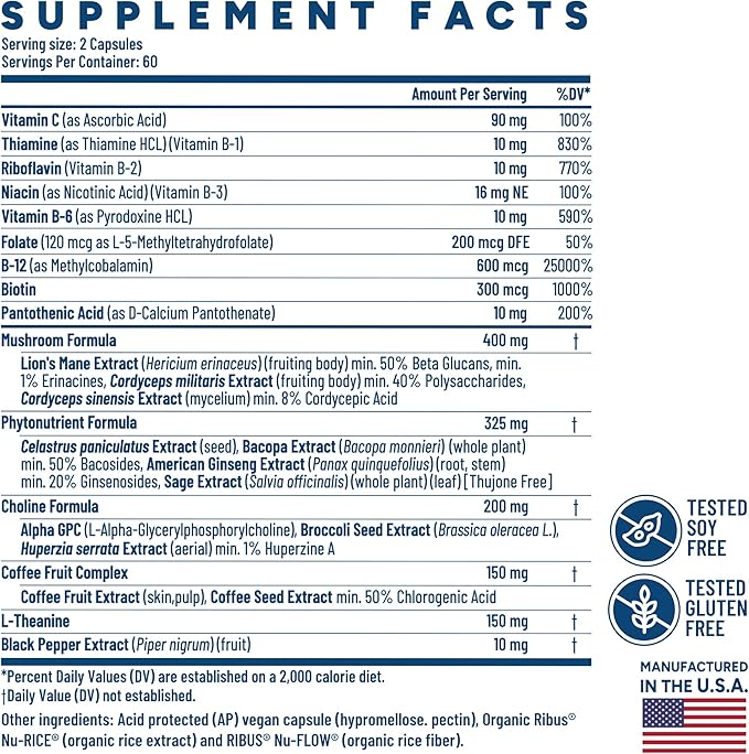 Brain-fx™ Daily Energy Focus Memory Mood Mind Nootropic Supplement - 5-MTHF Methyl B Vitamins, Coffee Fruit, L Theanine, Cordyceps, Lions Mane, Ginseng, Bacopa, Alpha GPC Choline 120 Vegan Capsules