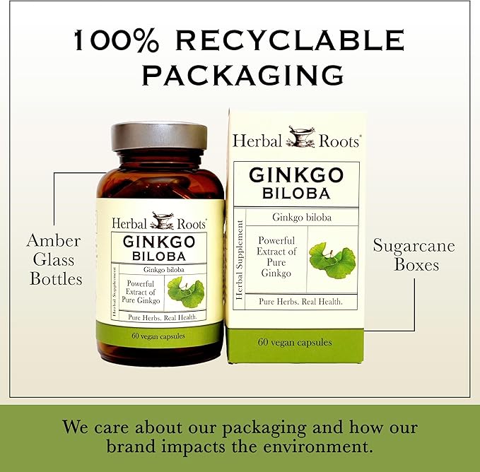 Herbal Roots Ginkgo Biloba Made with Pure Organic Ginkgo Leaf - 1,400mg per Serving, 60 Vegan Capsules