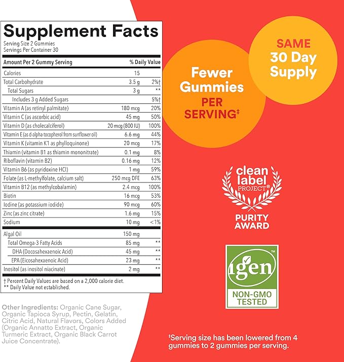SmartyPants Kids Multivitamin Gummies - Improved Formula: Omega 3 (DHA/EPA), Vitamins D3, C, B12, B6, Vitamin A, K & Zinc, Gluten Free, Three Fruit Flavors, 60 Count (30 Day Supply)