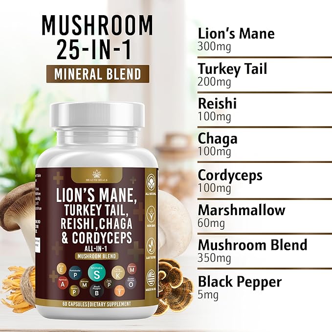 Mushroom Supplement with Turkey Tail 2000mg Reishi 1000mg Cordyceps Chaga 1000mg with Marshmallow Root - 180 Count