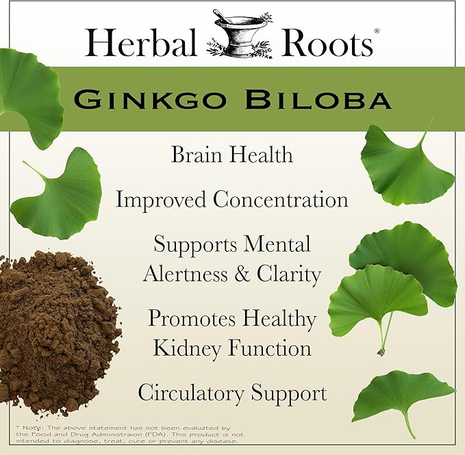 Herbal Roots Ginkgo Biloba Made with Pure Organic Ginkgo Leaf - 1,400mg per Serving, 60 Vegan Capsules