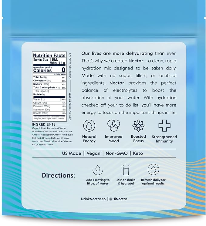 Nectar Energy Booster - Organic Caffeine, B12 & Electrolytes - Sugar Free & Zero Calorie – Healthy Coffee, Energy Drink & Soda Alternative – Hydration & Energy Supplement (Tropical 18 Packets)