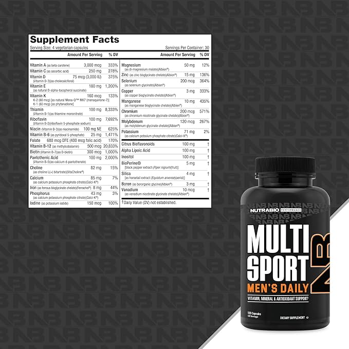 NutraBio Multisport for Men - Mens MultiVitamin - 33 Vitamins, Minerals, Micronutrients - Rich in Antioxidants - Supports Peak Athletic Performance, Energy, Metabolism (120 Vegetable Capsules)