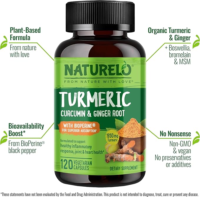 NATURELO Turmeric Curcumin with BioPerine - Ginger Root, Black Pepper, Curcuminoids - Relief for Stiff, Sore Joints - 120 Vegan Capsules (2 Pack)