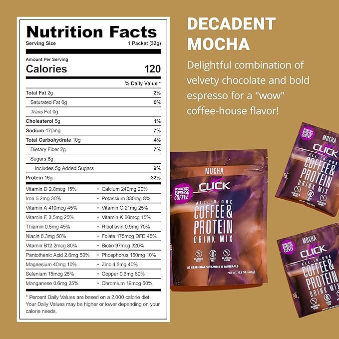 Click Coffee Protein, Protein & Real Coffee All-in-One, Meal Replacement Nutrition Drink, Mocha Flavor, 23 Essential Vitamins, Double Shot Espresso Coffee, Hot or Cold, 15.8-Ounce