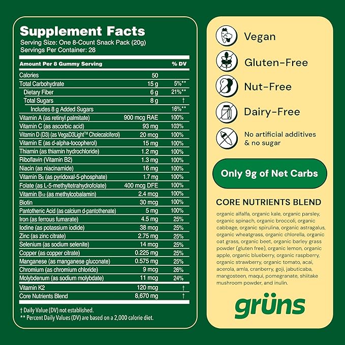 Daily Super Greens Gummies: Organic Spirulina and Chlorella, Prebiotics for Digestive & Gut Health, 20+ Vitamins and Minerals, Adaptogens & 60+ Organic Ingredients, 28 Day (224 Count)