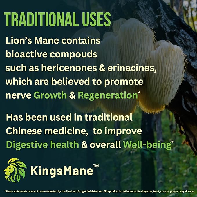 KingsMane™ Organic Lion's Mane Mushroom Supplement, Memory, Focus, & Clarity Brain Support, 1200mg, 60 Capsules
