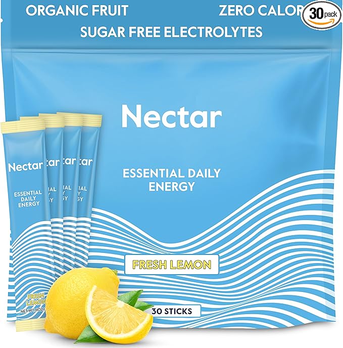 Nectar Energy Booster - Organic Caffeine, B12 & Electrolytes - Sugar Free & Zero Calorie – Healthy Coffee, Energy Drink & Soda Alternative – Hydration & Energy Supplement (Lemon 30 Powder Packets)