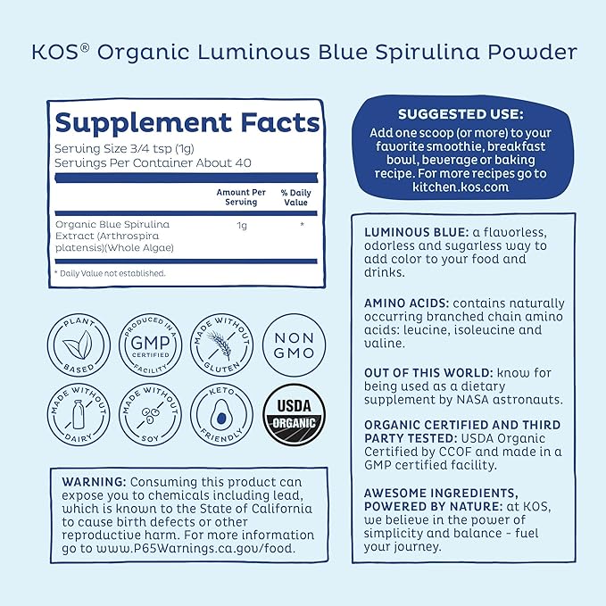 KOS USDA Organic Blue Spirulina Powder, Phycocyanin - Vegan Algae Superfood - Natural Food Coloring for Smoothies & Protein Drinks, Plant Based, Non GMO - 27 Servings