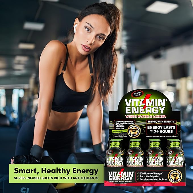 Vitamin Energy Pre Workout Drink - Keto Friendly Sugar Free Shots | Natural Clean Green Tea Caffeine with Proprietary Endurance Blend | Energize up to 7+ Hours - Sour Apple - 1.93 Fl Oz (Pack of 12)