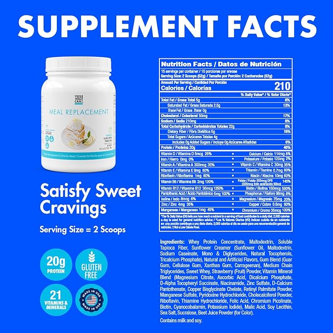 Yes You Can! Complete Meal Replacement - 15 Servings, 20g of Protein, 0g Added Sugars, 21 Vitamins and Minerals - All-in-One Nutritious Meal Replacement Shake (Vanilla)