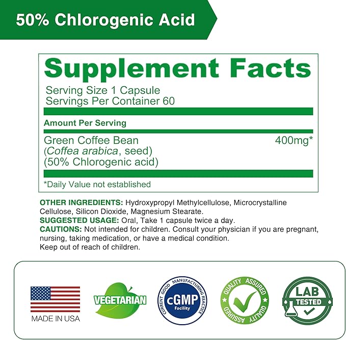 Lovita Green Coffee Bean Extract: Natural Antioxidant, High Potency - 1600mg Equivalent, 50% Chlorogenic Acid, Vegan-Friendly Dietary Supplement - 60 Capsules (Pack of 3)