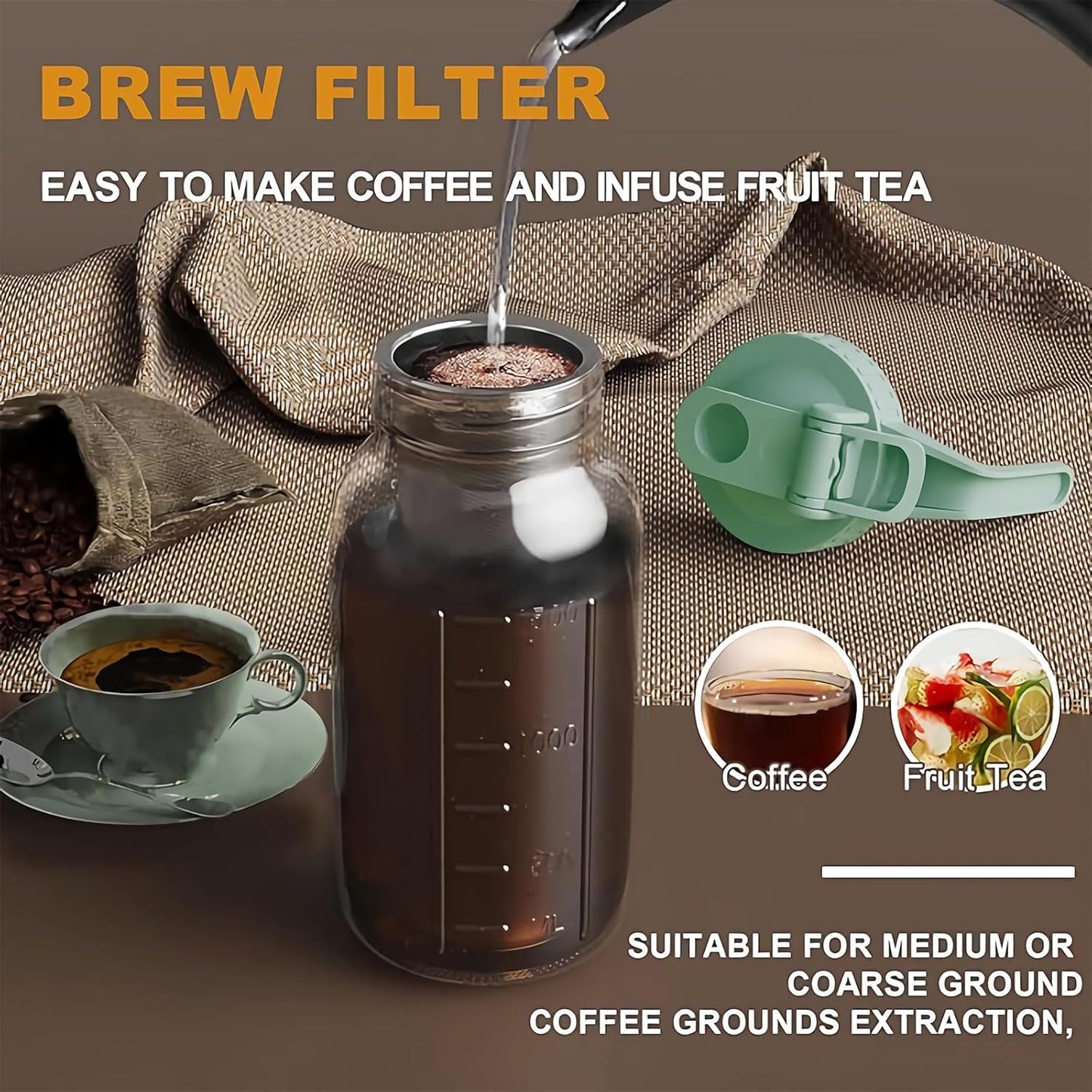 Cold Brew Coffee Maker Pitcher, 32 oz Thick Glass Mason Jar Spout Lid with Handle & Stainless Steel Filter for Iced Brew Coffee, Ice Lemonade, Sun Tea, Fruit Drinks Container