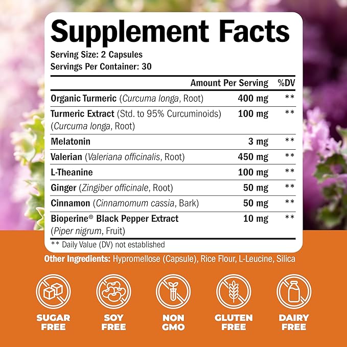 Turmeric, Melatonin & Valerian Root Sleep Aid Supplement. Natural Sleep Aid for Adults with L-Theanine, Ginger & Black Pepper Extract. Melatonin 3mg, Valerian Root Capsules. Relaxation Support. 2-Pack