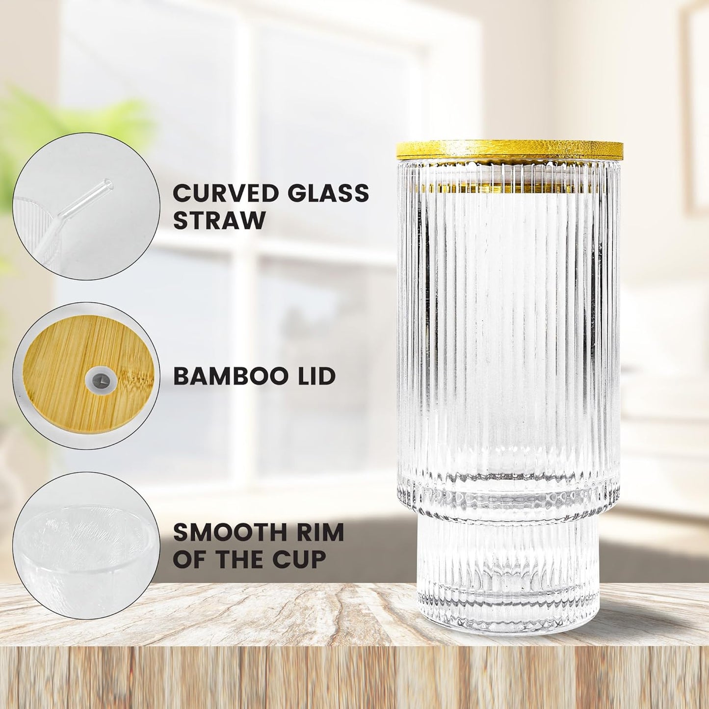 4 Pcs 11 oz Drinking Glasses Cups Set with Bamboo Lids Straws Brush Ribbed Vintage Glassware Set for Tea Iced Coffee Beer Cocktail Whiskey(Ribbed*4)