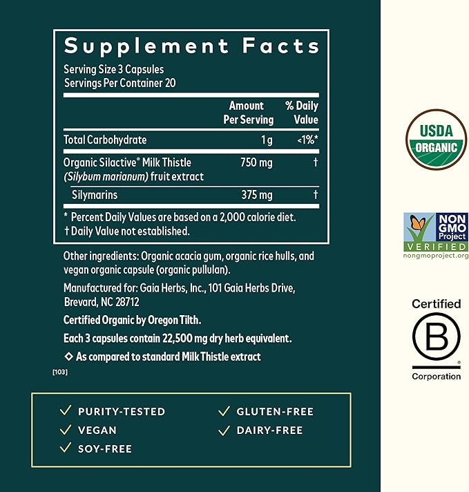 Gaia Herbs Milk Thistle - Liver Supplement & Cleanse Support for Maintaining Healthy Liver Function* - 60 Vegan Capsules (20-Day Supply)