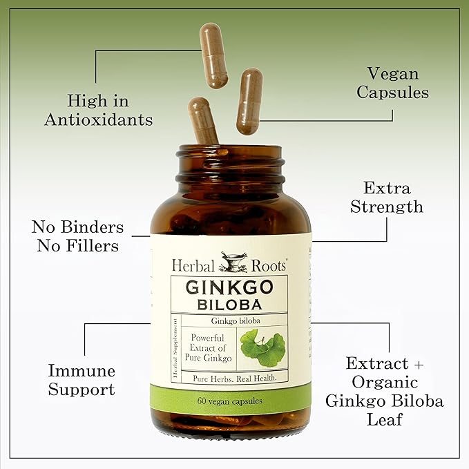 Herbal Roots Ginkgo Biloba Made with Pure Organic Ginkgo Leaf - 1,400mg per Serving, 60 Vegan Capsules