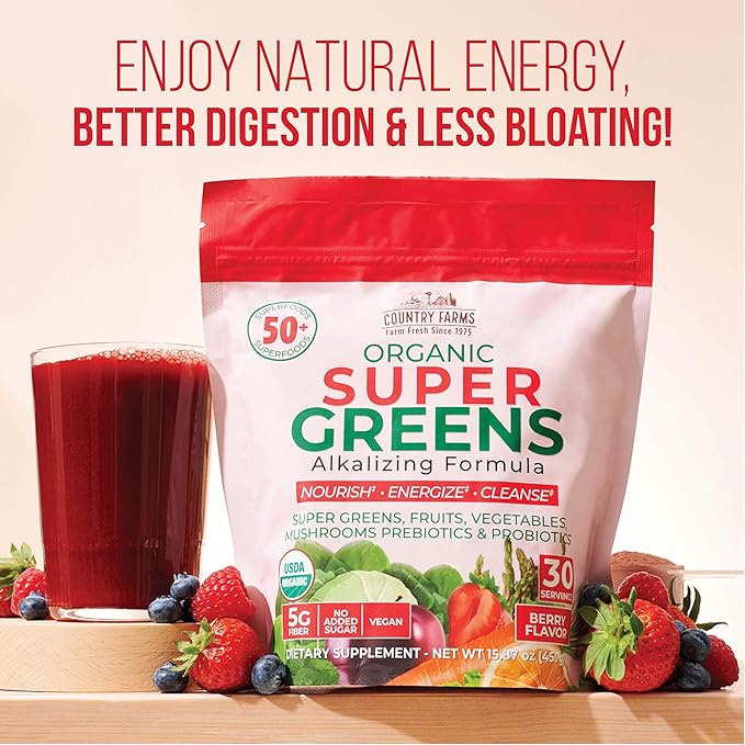 COUNTRY FARMS Super Greens Berry Flavor, 50 Organic Super Foods, USDA Organic Drink Mix (Wheat Grass, Spirulina, Chlorella) Mushrooms & Probiotics, with Fiber, Gut Health, Natural Energy, 30 Servings