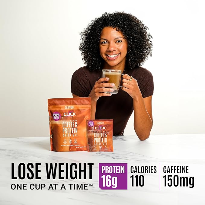 Click Coffee Protein Powder | Double Shot Espresso | 16g Protein | 23 Essential Vitamins | Low Calorie Meal Replacement | 150mg Caffeine | Gluten Free | No Artificial Flavors or Colors | Caramel