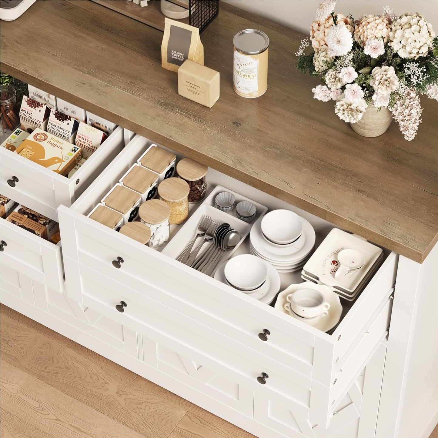 HOSTACK 55" Coffee Bar with 4 Large Drawers, 40" Tall Buffet Cabinet with Storage, Kitchen Storage Cabinet, Modern Farmhouse Sideboard Buffet, Adjustable Shelves for Living Room, White