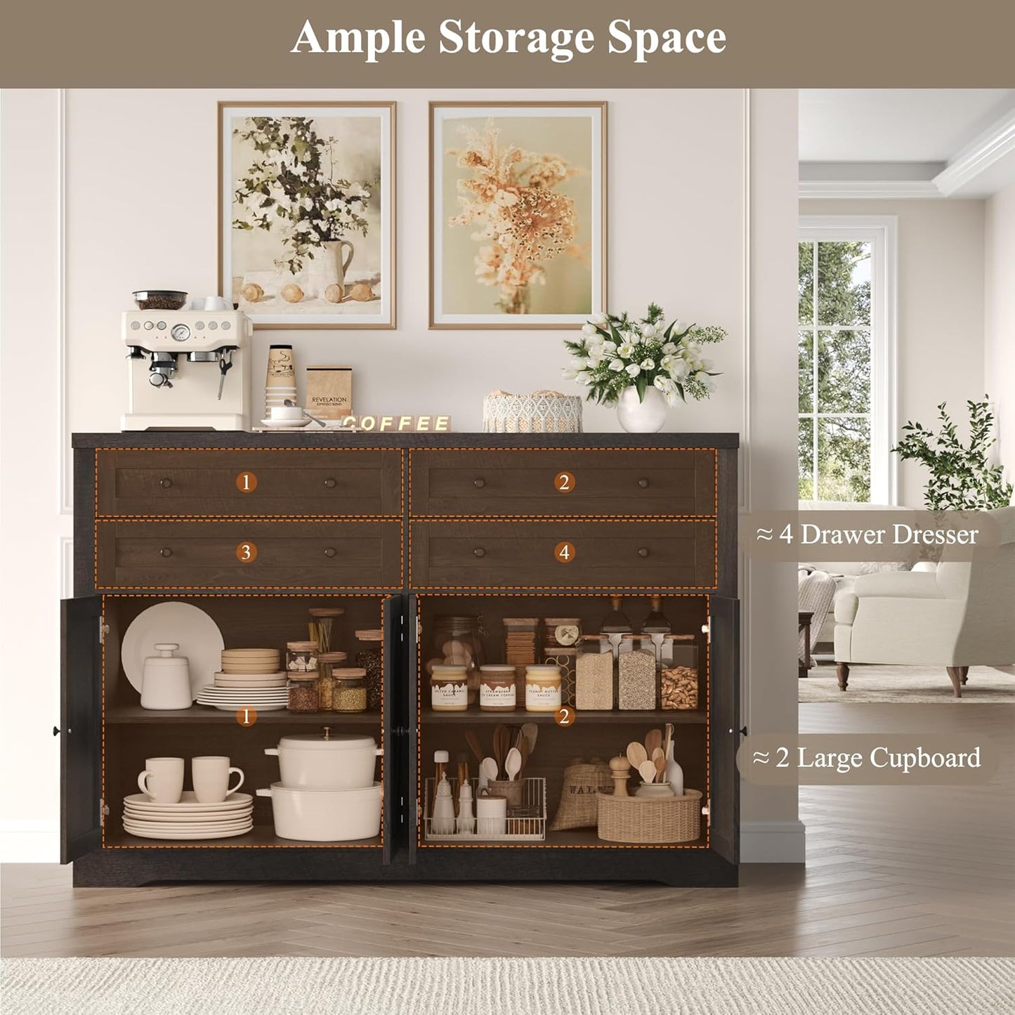 HOSTACK 55" Coffee Bar with 4 Large Drawers, 40" Tall Buffet Cabinet with Storage, Kitchen Storage Cabinet, Modern Farmhouse Sideboard Buffet, Adjustable Shelves for Living Room, Dark Brown