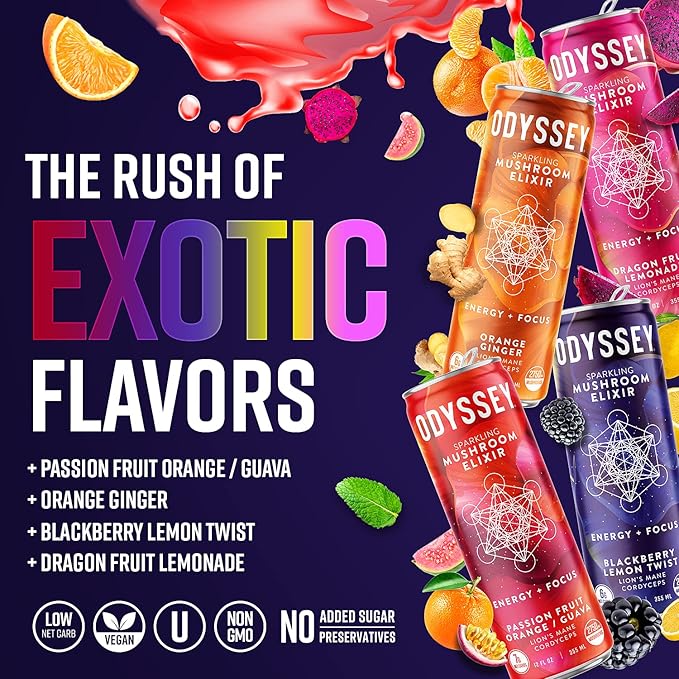 Odyssey Elixir Functional Beverage - Adaptogen Drink with Lions Mane, Cordyceps, L Theanine & Green Tea Caffeine - for Cognition, Energy & Mood Boost - 0 Added Sugar - Variety Pack - 12 Fl oz, 12 Pack