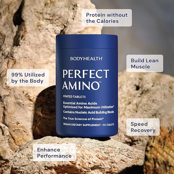 BodyHealth PerfectAmino (150 ct) Easy to Swallow Tablets, Essential Amino Acids Supplement with BCAAs, Vegan Protein for Pre/Post Workout & Muscle Recovery with Lysine, Tryptophan, Leucine, Methionine