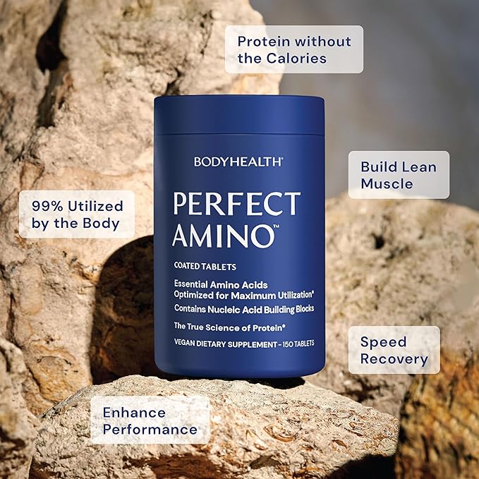 BodyHealth PerfectAmino (600 ct) Easy to Swallow Tablets, Essential Amino Acids Supplement with BCAAs, Vegan Protein for Pre/Post Workout & Muscle Recovery with Lysine, Tryptophan, Leucine, Methionine