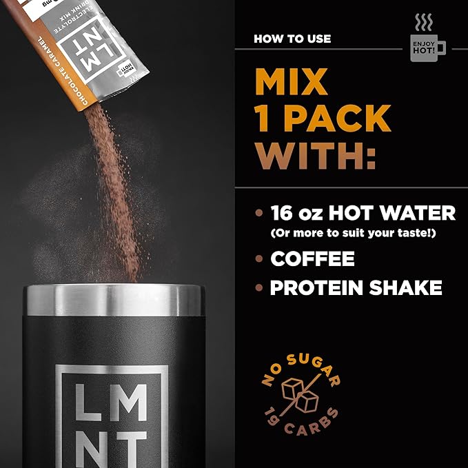 LMNT Zero Sugar Hot Chocolate or Coffee Mixer - Chocolate Caramel Salt | Drink Mix | 30-Count