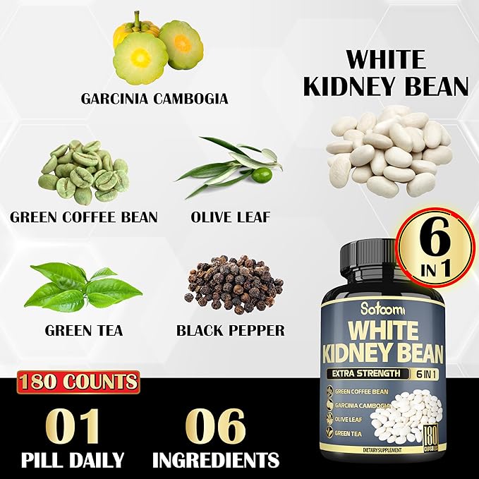 Satoomi 6in1 White Kidney Bean Extract Capsules - 6 Month Supply - Extra Blend with Olive Leaf, Green Coffee Bean & Green Tea - 180 Counts