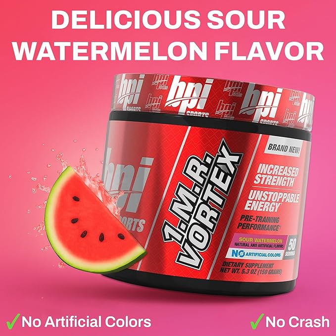 BPI Sports 1.M.R Vortex Pre Workout Powder – High Stim Preworkout for Men & Women with Glycerol, Caffeine, Niacin, and Herbal Extracts – Energy, Focus & Endurance – Sour Watermelon – 50 Servings