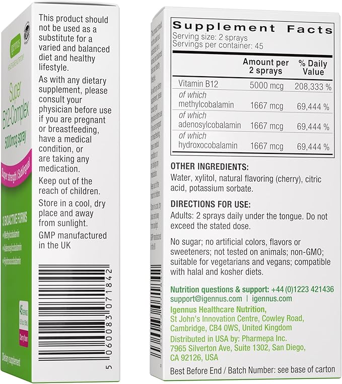 Super B12-Complex 5000mcg, Sublingual Spray, Methylated Vitamin B12, High Strength Methylcobalamin, Adenosylcobalamin & Hydroxocobalamin, Natural Cherry Flavor, 45 Servings, Vegan, by Igennus