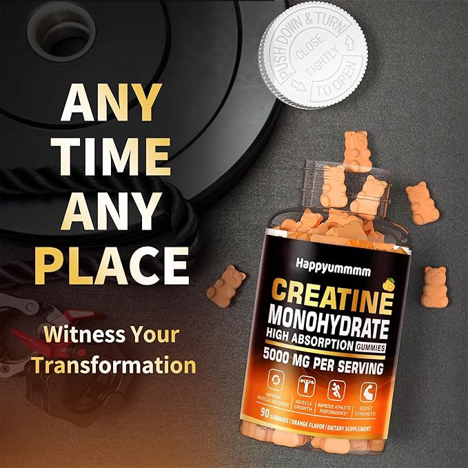 Creatine Monohydrate Gummies 5g for Men Women - Sugar Free Chewable Supplement. 90 Gummies Orange.