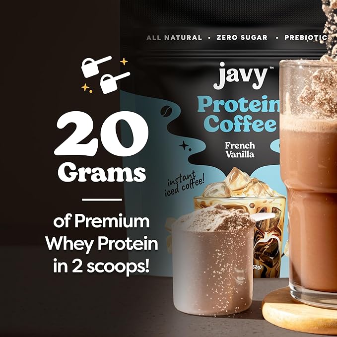 Javy French Vanilla Protein Coffee - Premium Whey Protein & Instant Iced Coffee - 100% Arabica Coffee - Zero Artificial Flavors & Sweeteners, 6 Servings