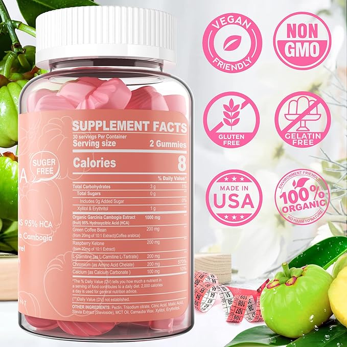 Sugar Free Garcinia Cambogia Gummies 1000mg 95% HCA Pure Extract with L-Carnitine, Raspberry Ketone, Chromium, Green Coffee Bean for Metabolism, 100% Organic Extract, Vegan, Strawberry Flavor 60 Cts