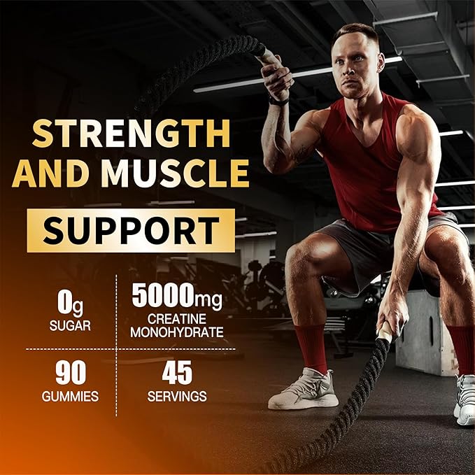 Creatine Monohydrate Gummies 5g for Men Women - Sugar Free Chewable Supplement. 90 Gummies Orange.