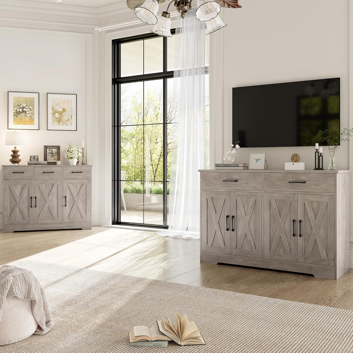 HOSTACK Buffet Cabinet with Storage, 47.2" Kitchen Sideboard Buffet with Drawers, Modern Farmhouse Coffee Bar Station with Shelves, Barn Doors Storage Cabinet for Living Room, Ash Grey