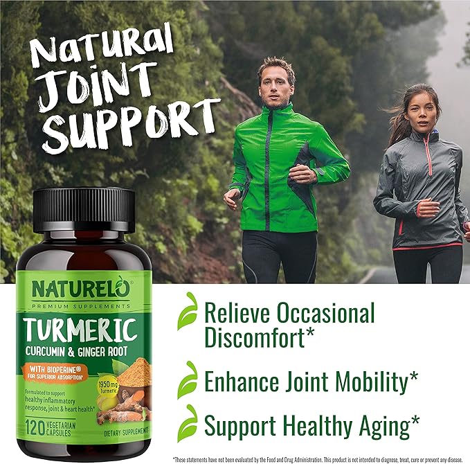 NATURELO Turmeric Curcumin with BioPerine - Ginger Root, Black Pepper, Curcuminoids - Relief for Stiff, Sore Joints - 120 Vegan Capsules (2 Pack)