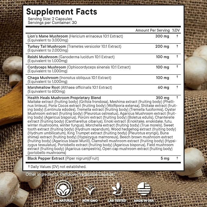 Mushroom Supplement with Turkey Tail 2000mg Reishi 1000mg Cordyceps Chaga 1000mg with Marshmallow Root - 180 Count