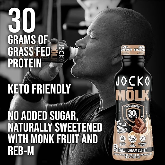Jocko Mölk 30g Grass Fed Protein Shakes – No Added Sugar Protein Drinks KETO Friendly - Ready to Drink 12 FL Oz (Pack of 12) Sweet Cream Coffee