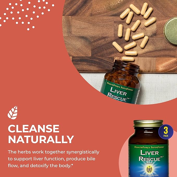 HealthForce SuperFoods Liver Rescue - Natural Liver Cleanse - Liver Health Formula with Milk Thistle & Dandelion Root - Gluten-Free & Vegan - 120 Capsules (Pack of 3)