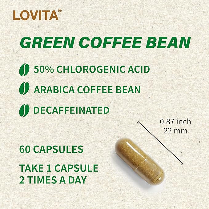 Lovita Green Coffee Bean Extract: Natural Antioxidant, High Potency - 1600mg Equivalent, 50% Chlorogenic Acid, Vegan-Friendly Dietary Supplement - 60 Capsules (Pack of 3)