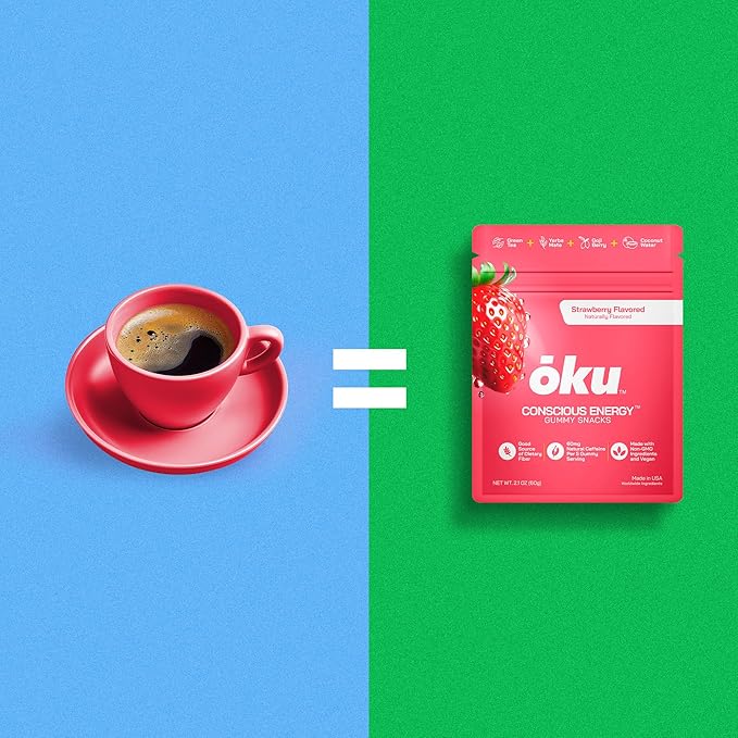 ōku Conscious Energy Gummy Snacks – Natural Caffeine from Green Tea & Yerba Mate, Vegan, Clean Ingredients, Gluten-Free, Focused Energy, Antioxidants & Fiber, Variety Pack of 8