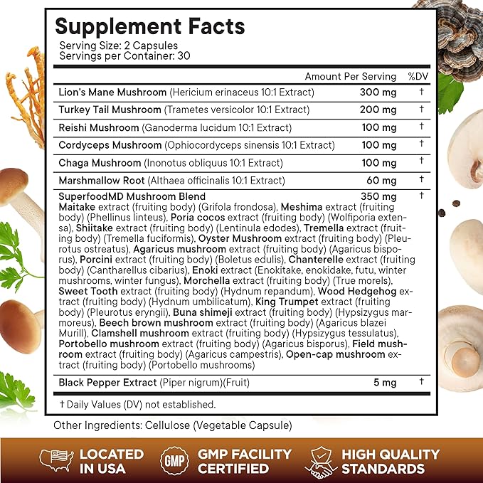 Lions Mane 3000mg 20in1 Mushroom Supplement with Turkey Tail 2000mg Reishi 1000mg Cordyceps Chaga 1000mg with Marshmallow Root - 180 Count